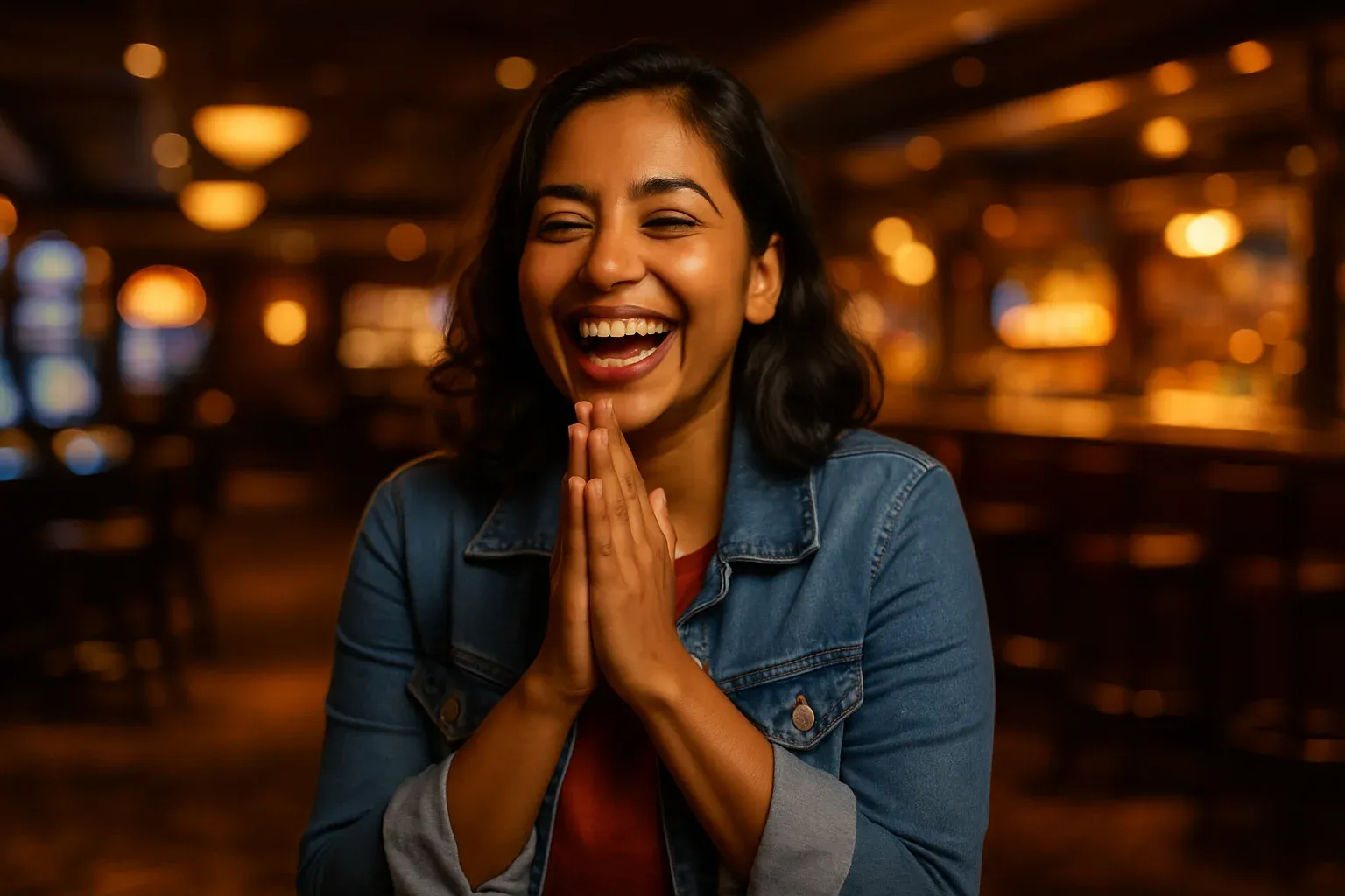 Cheerful Bangladeshi woman laughing with hands together, casino bar bokeh background
