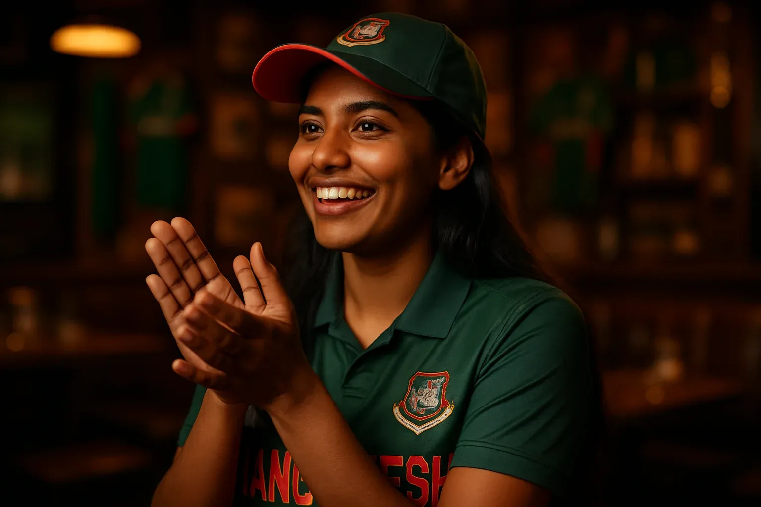 Happy Bangladeshi woman cricket fan clapping in sports bar background