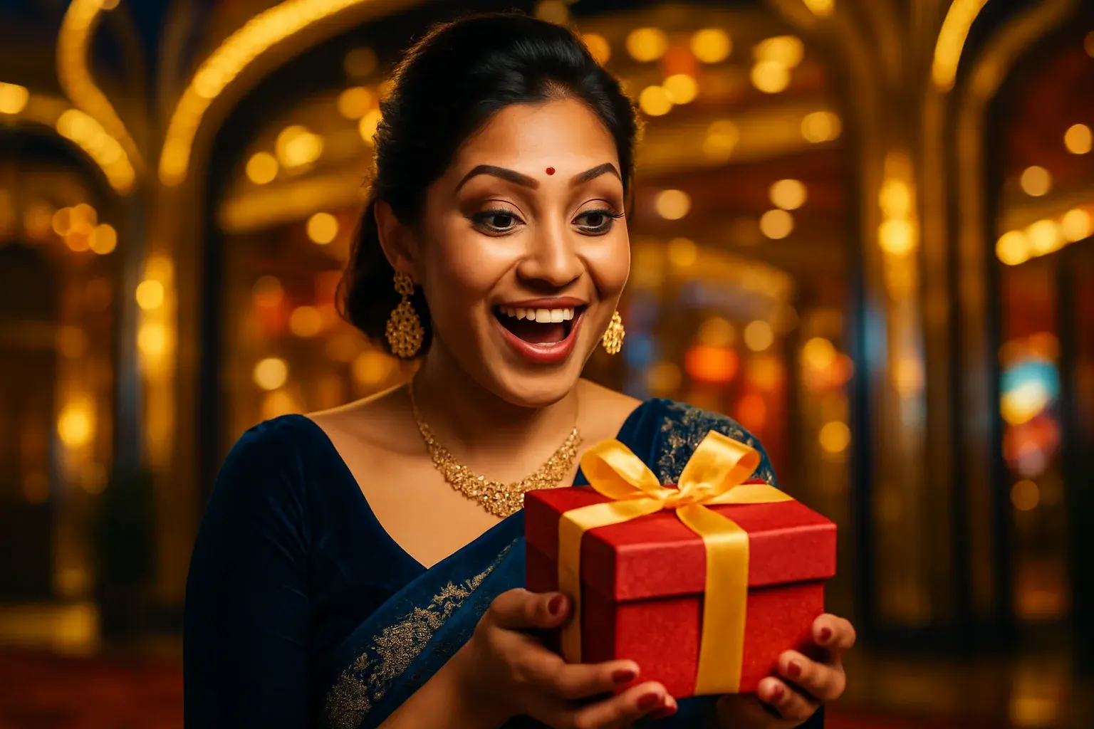 Sophisticated Bangladeshi woman in evening wear holding gift box at casino entrance