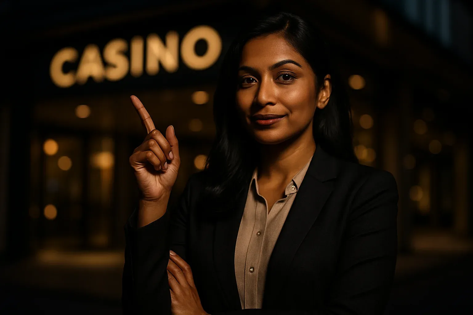 Sophisticated Bangladeshi woman in business casual pointing upward, blurred casino entrance background