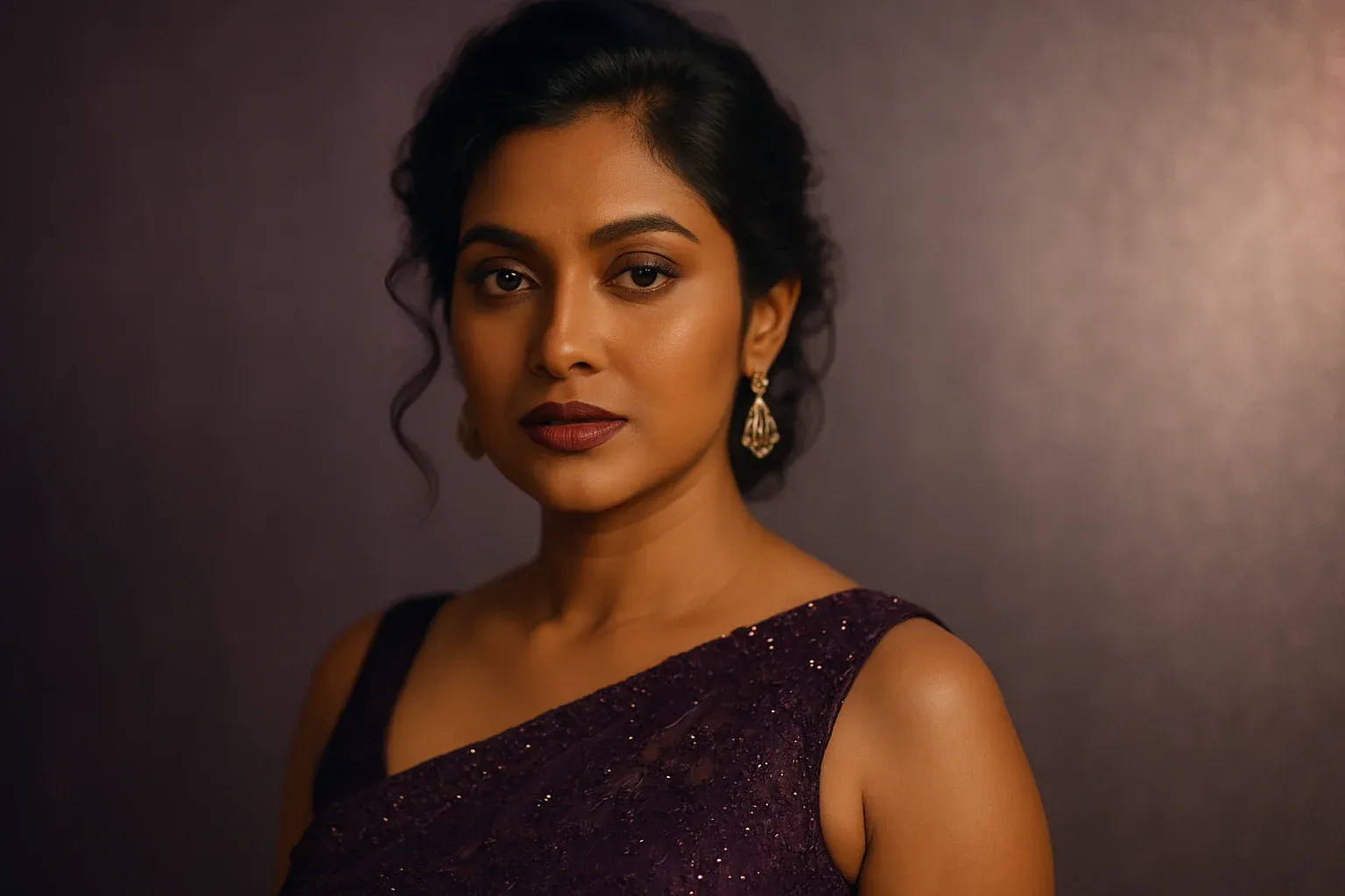 High-resolution portrait of sophisticated Bangladeshi woman in evening dress on purple and silver gradient background