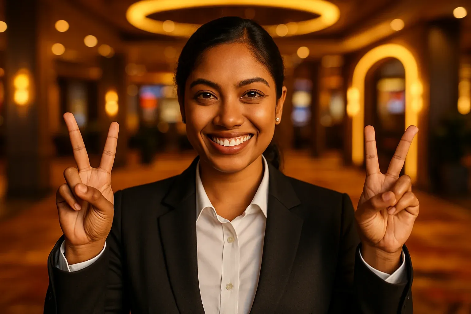 Happy Bangladeshi businesswoman making V-signs at blurred casino entrance