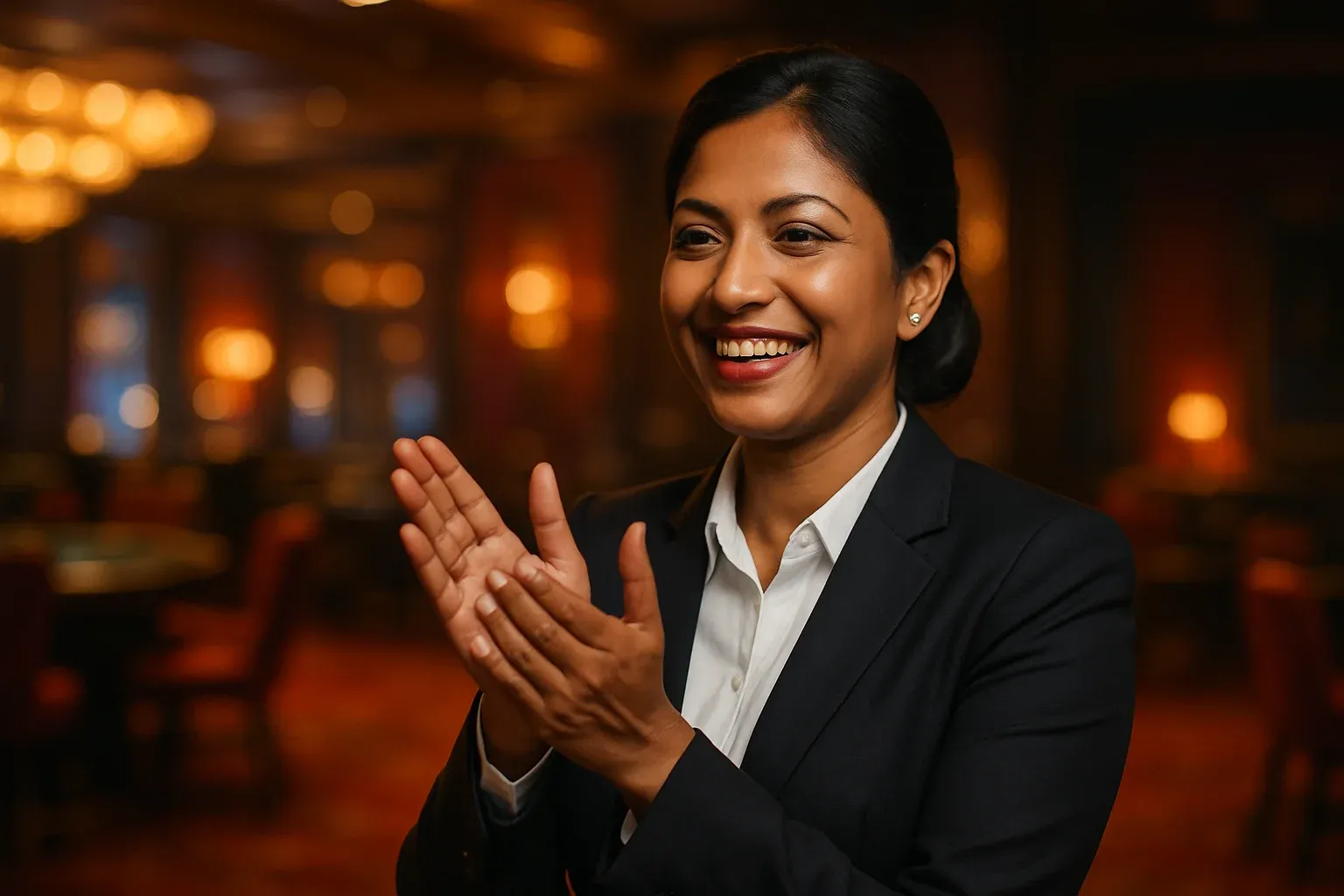 Sophisticated Bangladeshi woman in business attire clapping joyfully in casino lounge